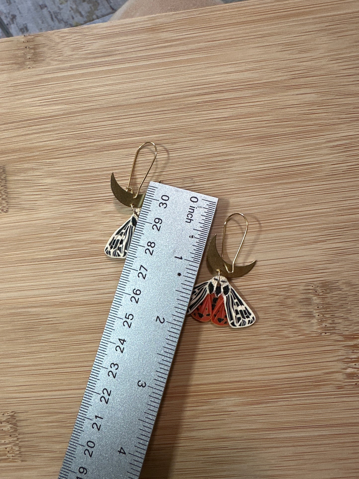 Small Ornate Tiger Moth crescent moon earrings