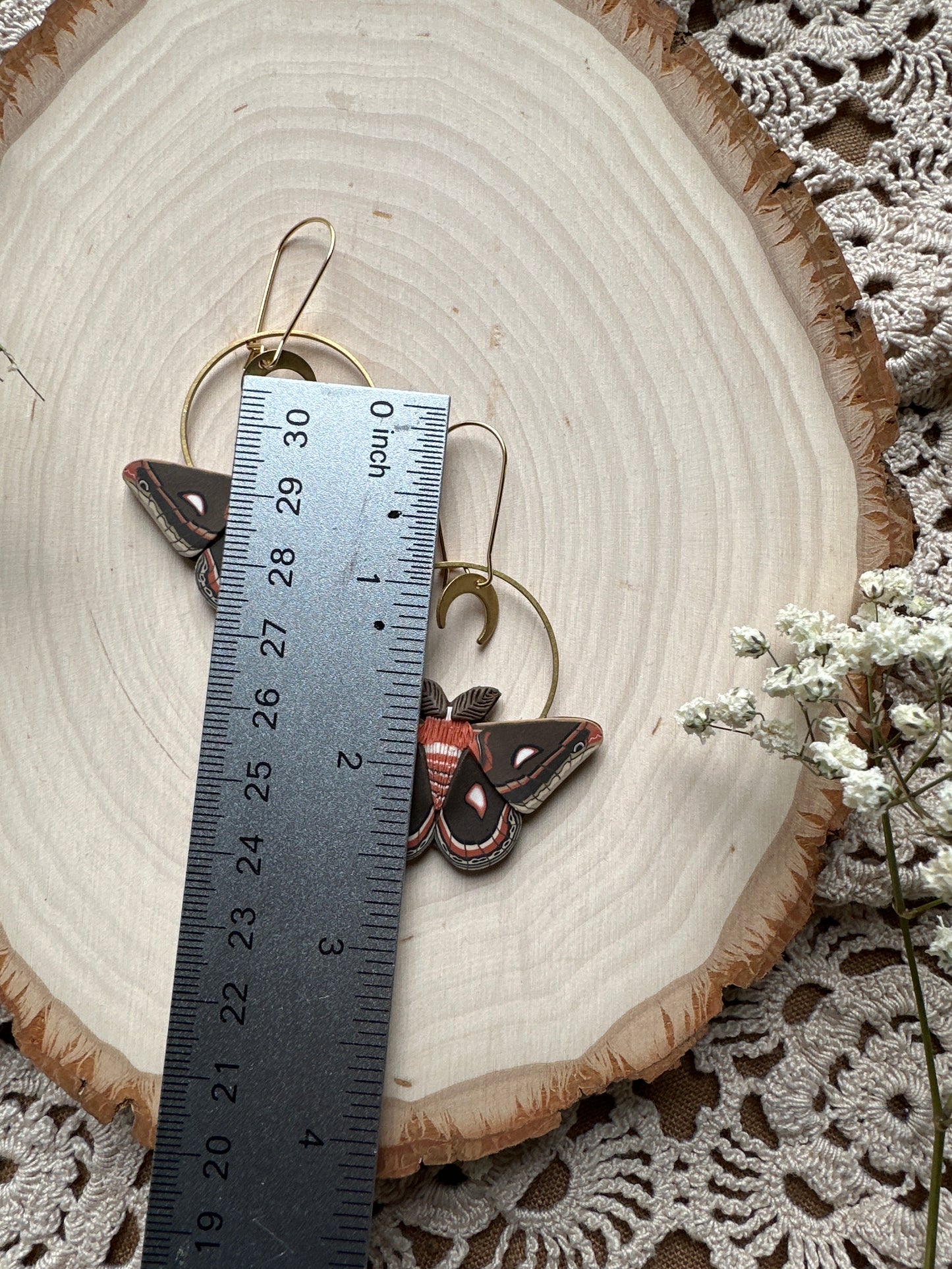 Mini Cecropia Moth crescent moon hoop earrings