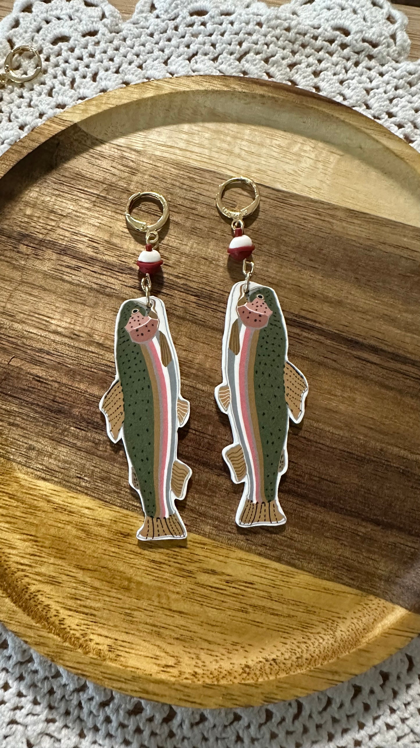 Rainbow trout and bobber earrings