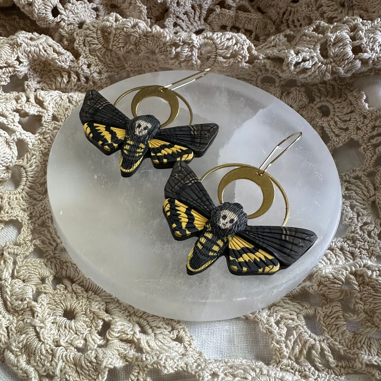 Small Deaths head hawk Moth crescent moon hoop earrings
