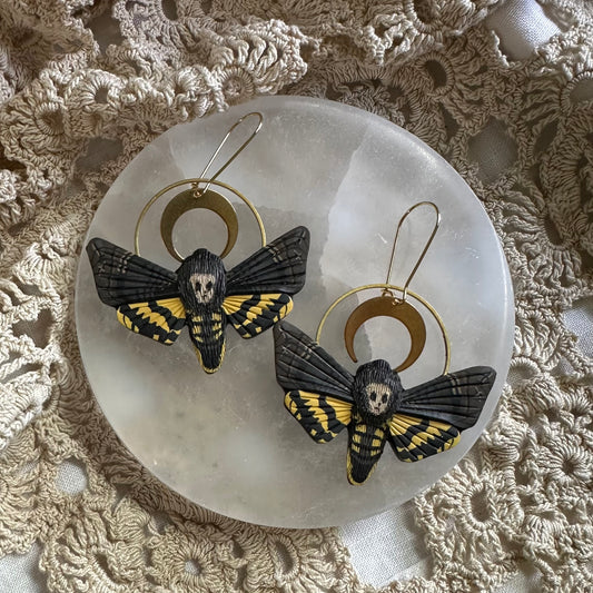 Small Deaths head hawk Moth crescent moon hoop earrings