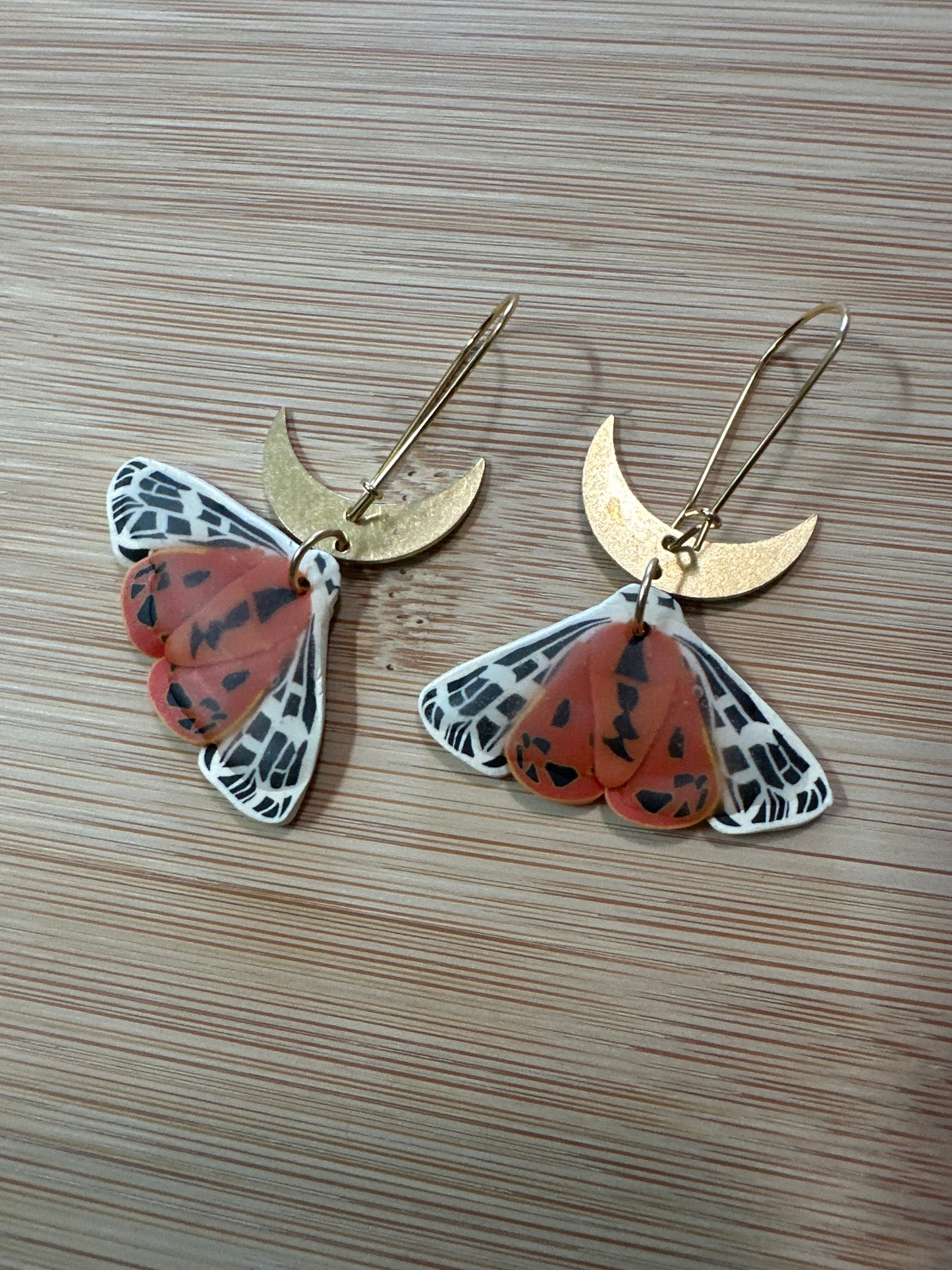 Small Ornate Tiger Moth crescent moon earrings