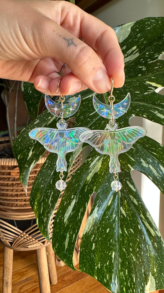 Luna moth rainbow acrylic crystal earrings