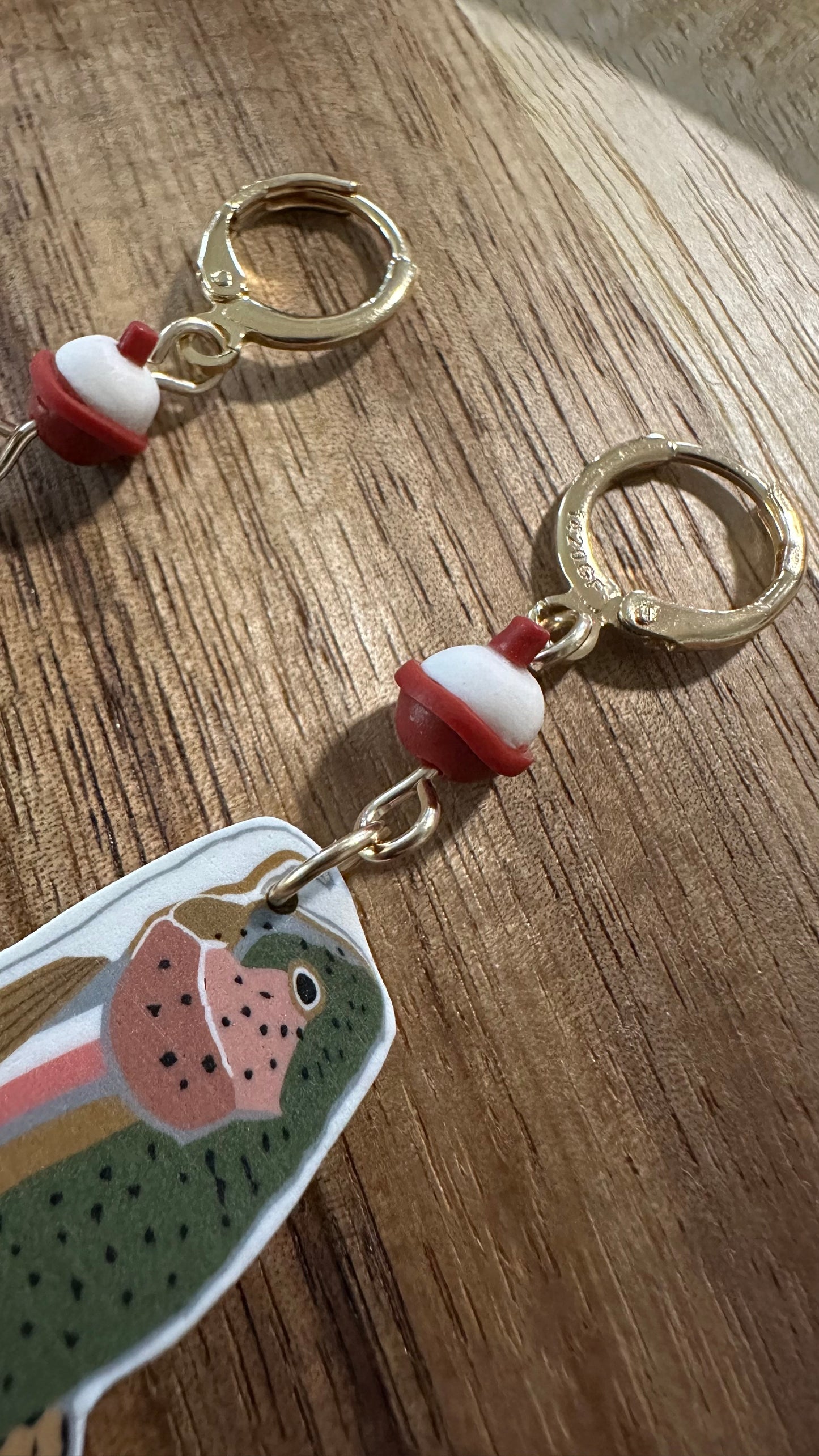 Rainbow trout and bobber earrings