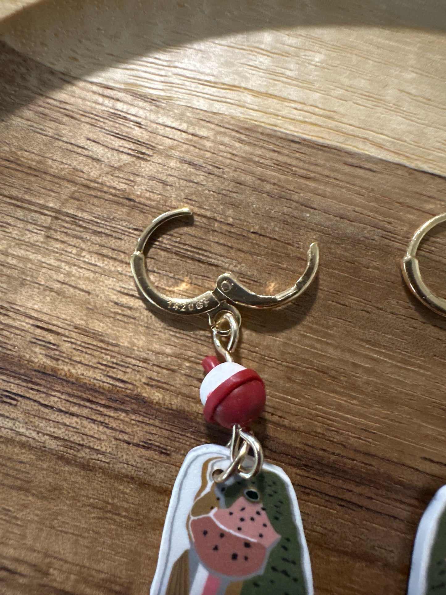 Rainbow trout and bobber earrings